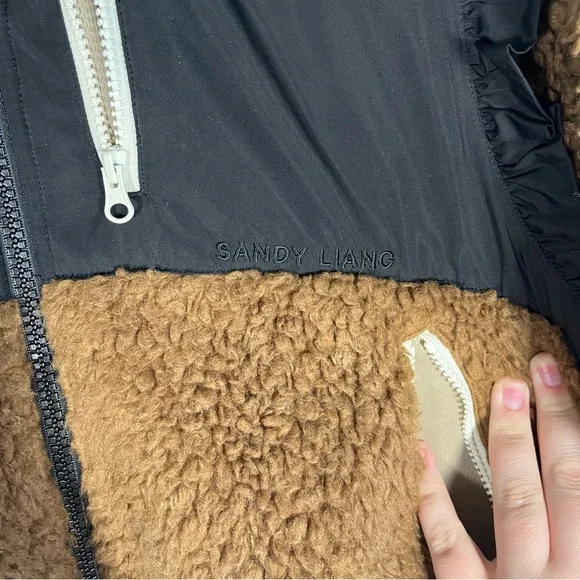 Sandy Liang Mia Fleece Teddy Cropped Jacket in Black & Brown Size Small